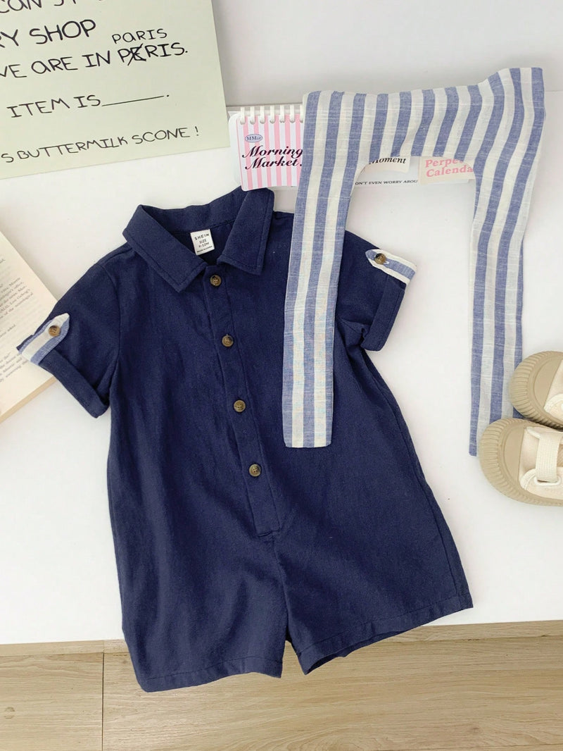 Camisa de Manga Curta Casual de Cor Sólida para Bebê/Criança Pequena, Macacão com Capa e Shorts Listrados, Adequado para Uso na Primavera/Verão, Casa e Passeio