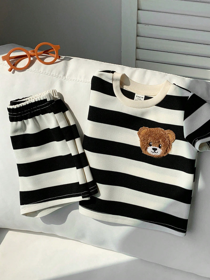 2 peças/Conjunto Camiseta de Manga Curta e Shorts Listrados com Estampa de Urso para Menino/Menina Casual, Confortável e Adequado para Uso Diário, Esportes, Exterior, Escola, Festa, Férias, Sessão de Fotos, Primavera/Verão