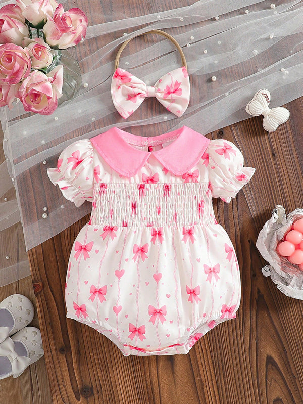 Conjunto de Macaquinho de Bebê Recém-Nascida de Verão com Estampa de Borboleta Fofa, Gola Frufru e Mangas Bufantes, e Faixa de Cabeça
