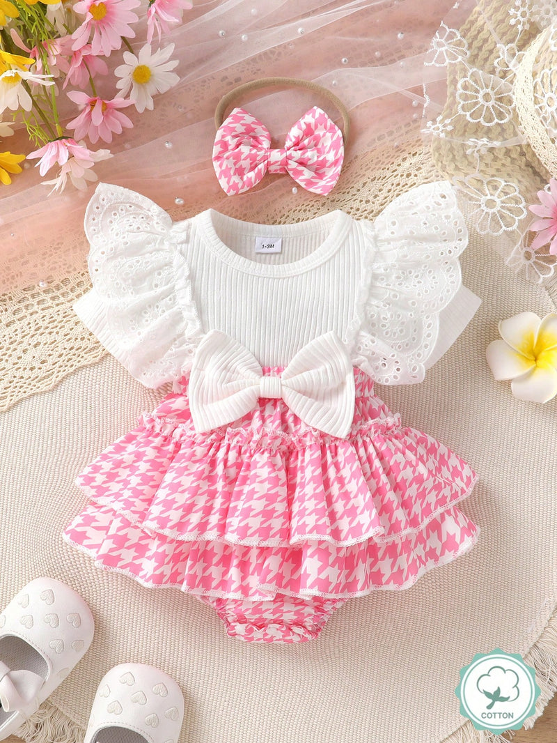 Vestido Elegante e Fofo para Bebê Menina, Suave, Respirável, Confortável com Decoração de Laço, Bordado de Renda, Babados em Camadas Sobrepostas, Adequado para Uso Casual, Diário, Férias
