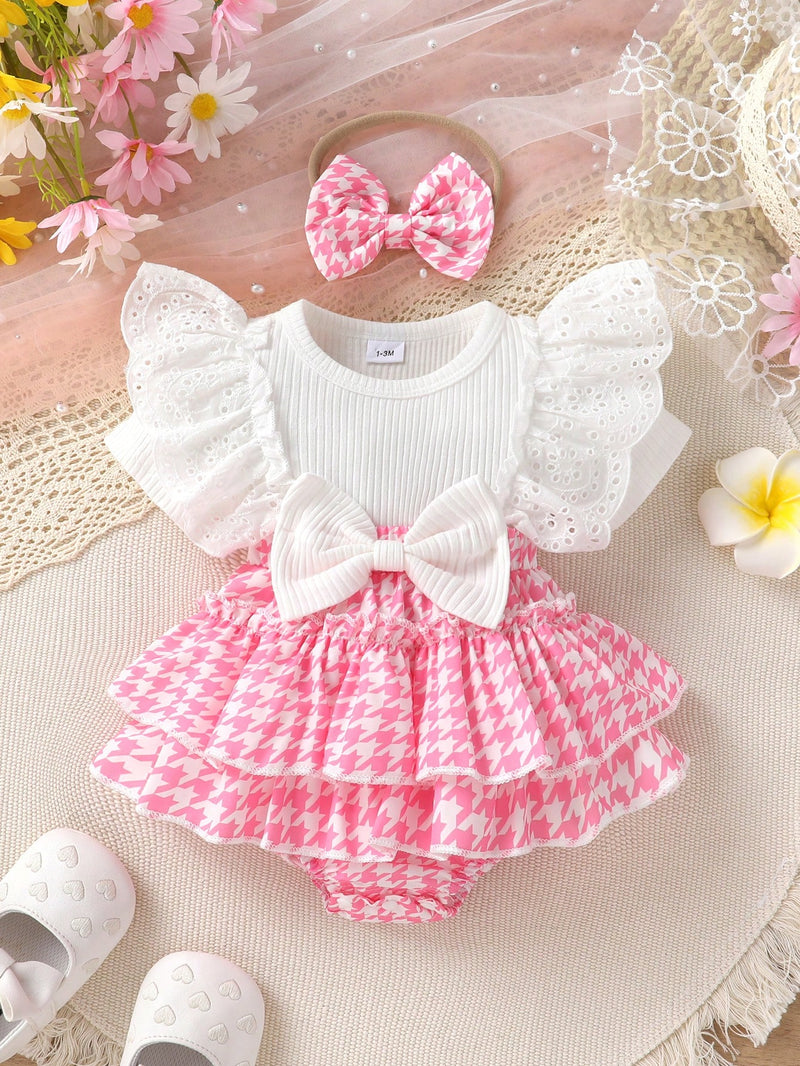 Vestido Elegante e Fofo para Bebê Menina, Suave, Respirável, Confortável com Decoração de Laço, Bordado de Renda, Babados em Camadas Sobrepostas, Adequado para Uso Casual, Diário, Férias