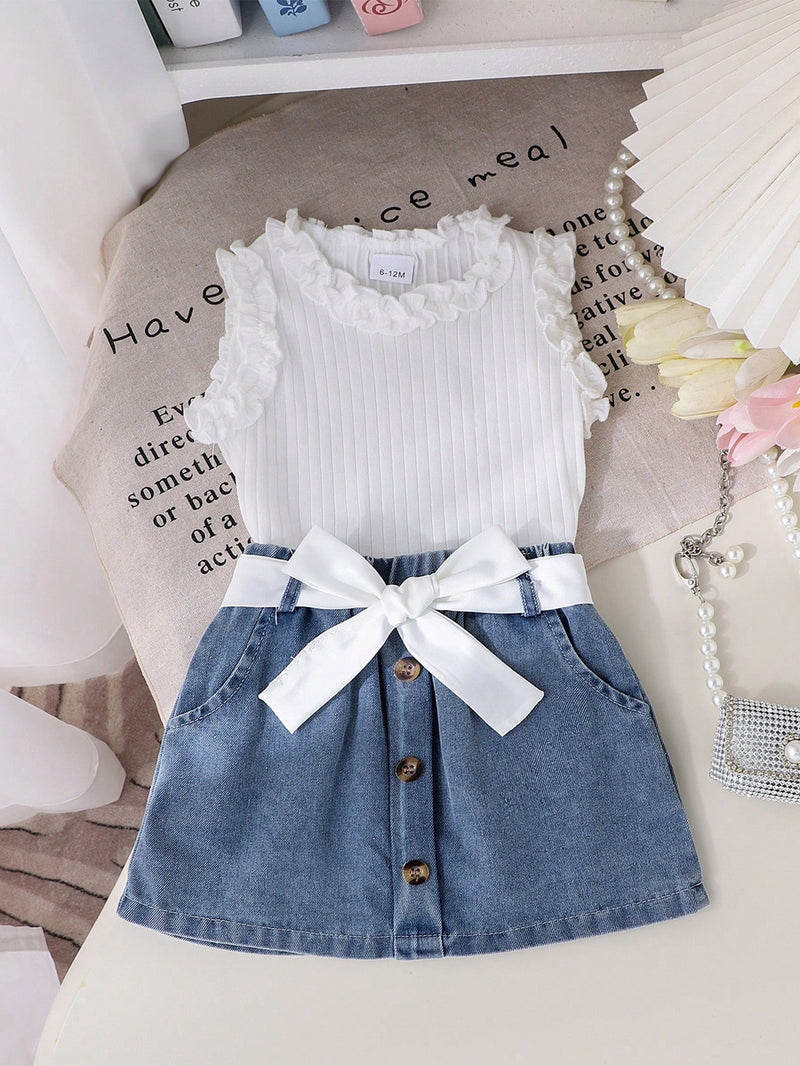 2 peças Conjunto de Regata Fofa + Saia Denim para Meninas Pequenas, Conjunto Leve para Verão