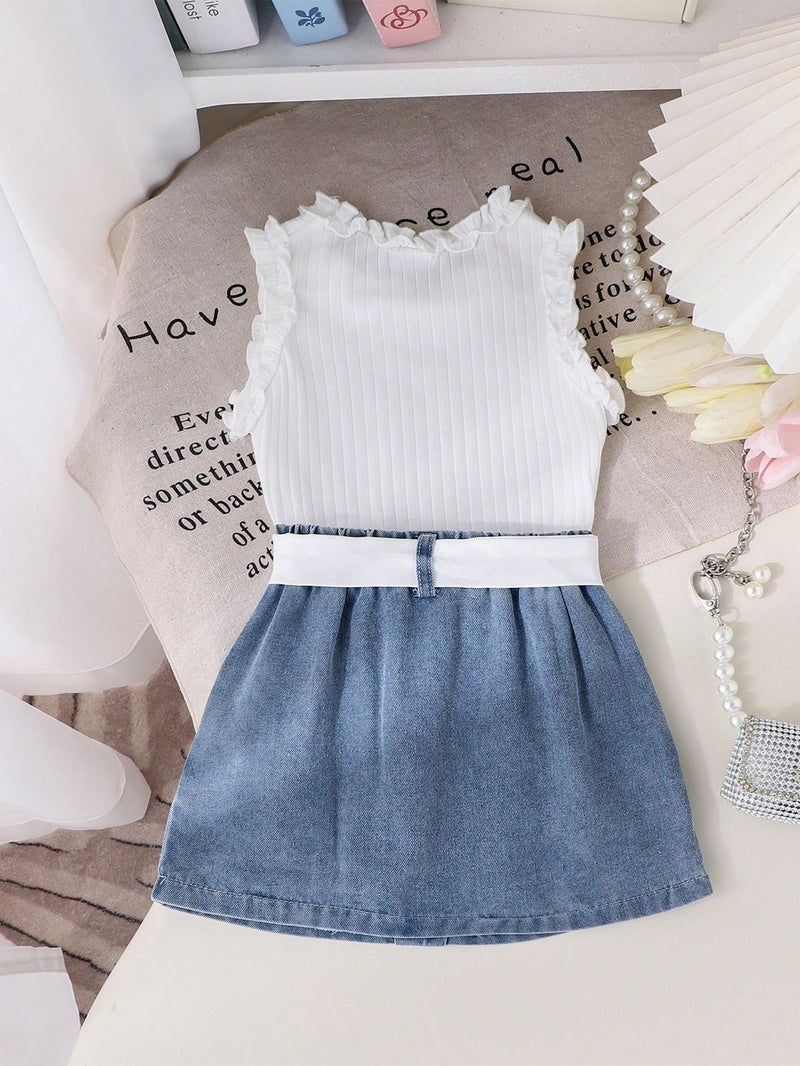 2 peças Conjunto de Regata Fofa + Saia Denim para Meninas Pequenas, Conjunto Leve para Verão