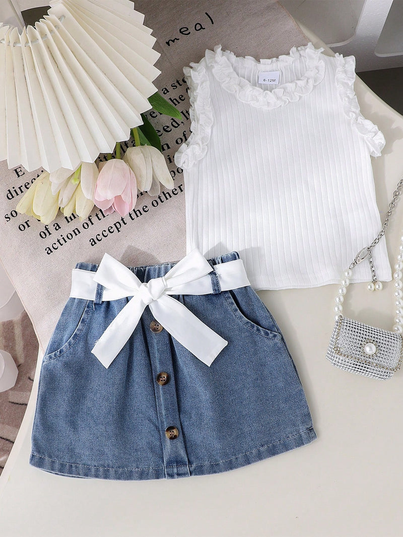 2 peças Conjunto de Regata Fofa + Saia Denim para Meninas Pequenas, Conjunto Leve para Verão