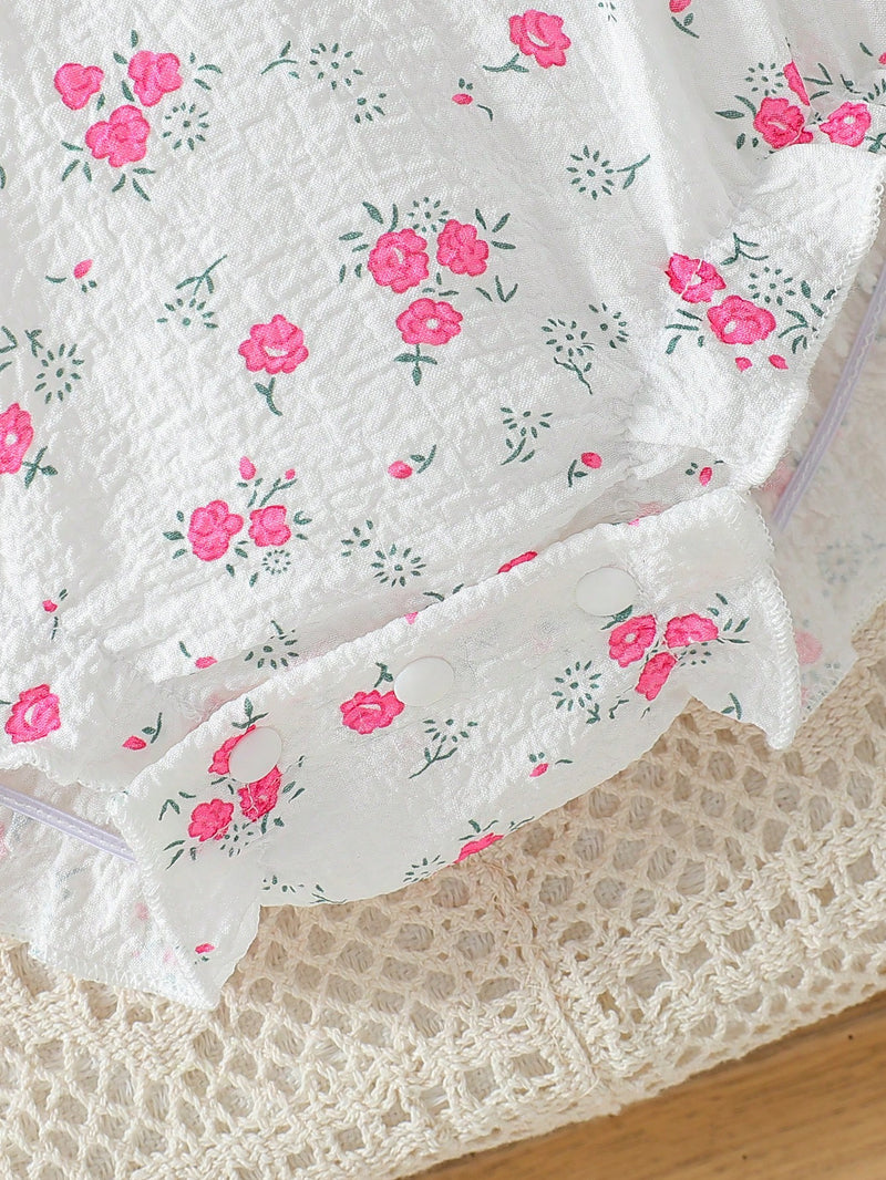 Bodysuit Infantil Feminino Fofo de Floral Miúdo com Colarinho Babado e Textura, com Faixa de Cabeça, Verão