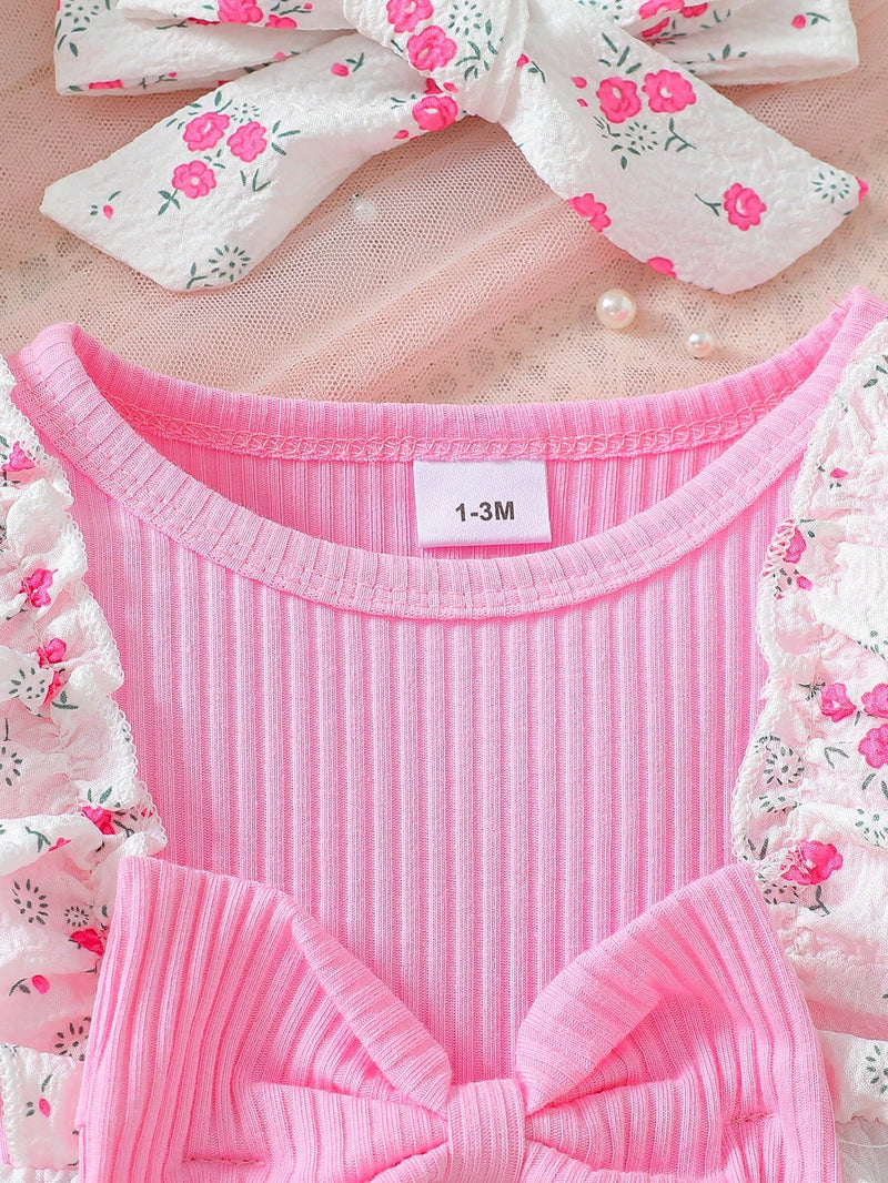 Bodysuit Infantil Feminino Fofo de Floral Miúdo com Colarinho Babado e Textura, com Faixa de Cabeça, Verão