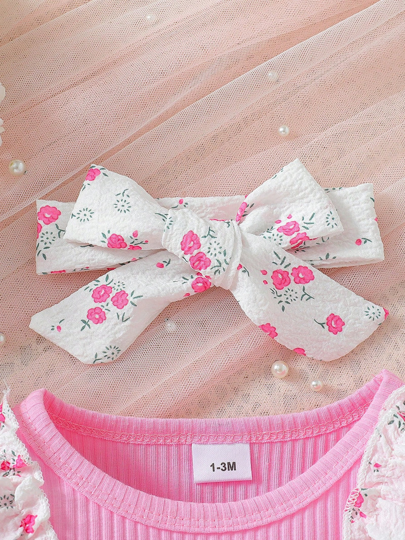 Bodysuit Infantil Feminino Fofo de Floral Miúdo com Colarinho Babado e Textura, com Faixa de Cabeça, Verão