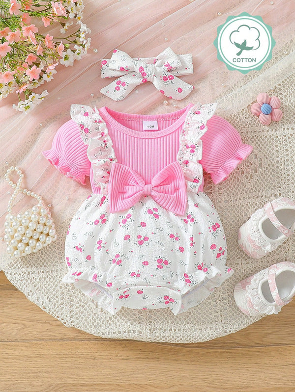 Bodysuit Infantil Feminino Fofo de Floral Miúdo com Colarinho Babado e Textura, com Faixa de Cabeça, Verão