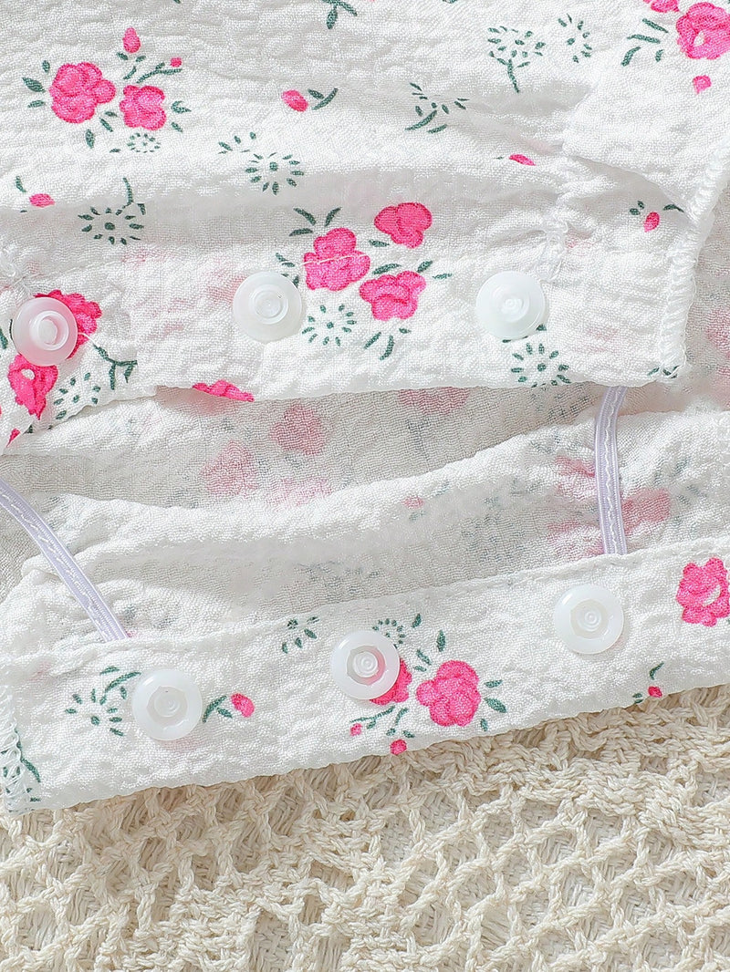 Bodysuit Infantil Feminino Fofo de Floral Miúdo com Colarinho Babado e Textura, com Faixa de Cabeça, Verão