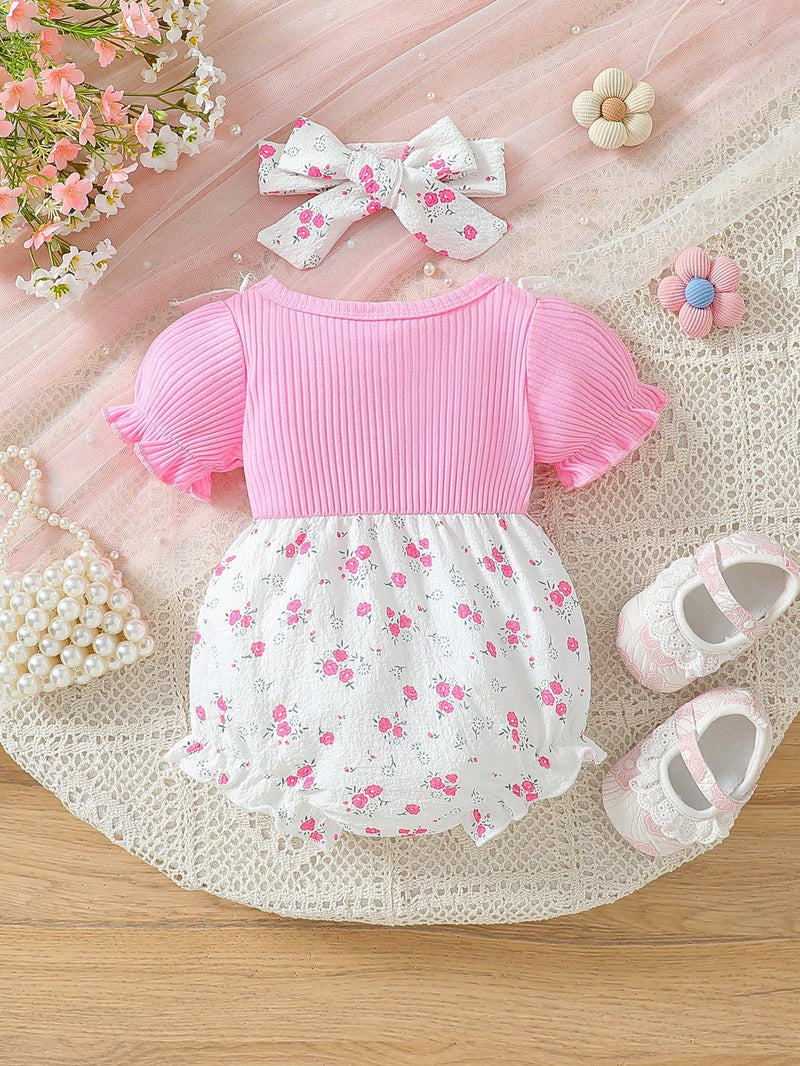 Bodysuit Infantil Feminino Fofo de Floral Miúdo com Colarinho Babado e Textura, com Faixa de Cabeça, Verão