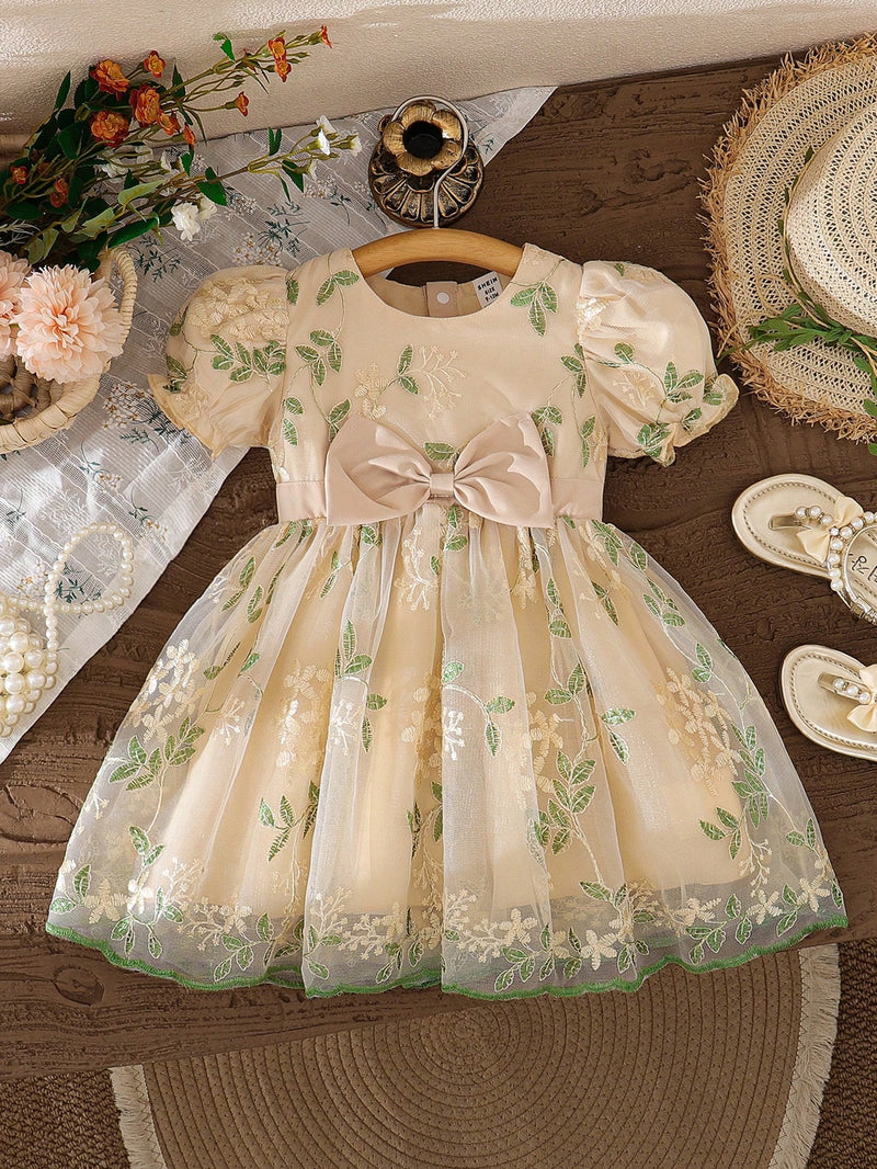 Souflis Souflis Vestido Rodado de Bebê Menina, Primavera, Rosa, Estilo Fofo e Luxuoso em Tecido Tule Fofinho, Decote Redondo, Cintura Abrível com Laço, Adequado para Festa e Reunião