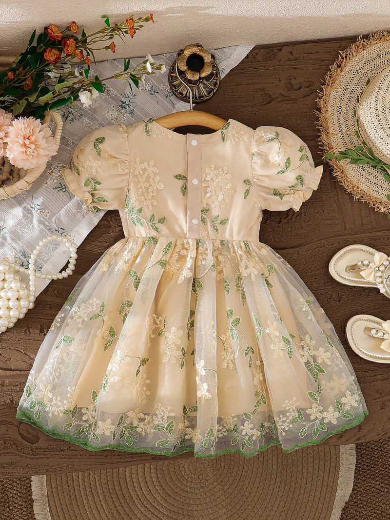 Souflis Souflis Vestido Rodado de Bebê Menina, Primavera, Rosa, Estilo Fofo e Luxuoso em Tecido Tule Fofinho, Decote Redondo, Cintura Abrível com Laço, Adequado para Festa e Reunião