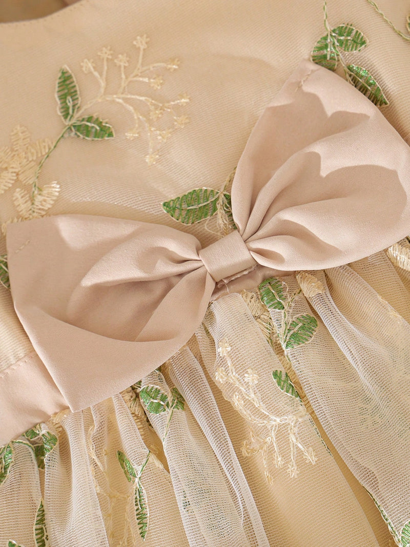 Souflis Souflis Vestido Rodado de Bebê Menina, Primavera, Rosa, Estilo Fofo e Luxuoso em Tecido Tule Fofinho, Decote Redondo, Cintura Abrível com Laço, Adequado para Festa e Reunião