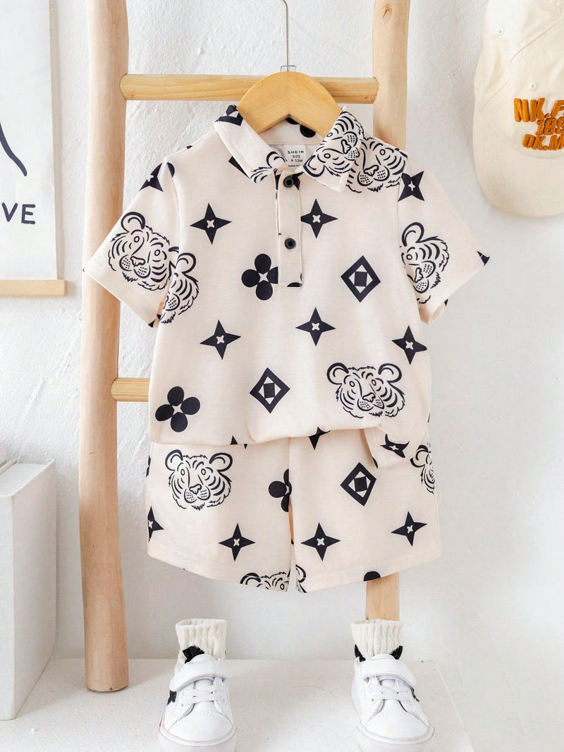 2 peças/Conjunto Esporte Casual Estilo Universitário Fofo e Engraçado Top Polo de Tricô e Shorts de Cintura Elástica para Bebê Menino/Menina, Adequado para Usar em Casa e Ao Ar Livre na Primavera/Verão