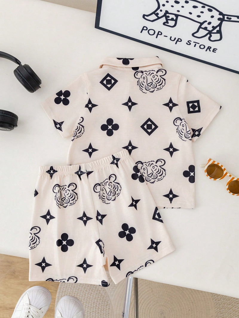 2 peças/Conjunto Esporte Casual Estilo Universitário Fofo e Engraçado Top Polo de Tricô e Shorts de Cintura Elástica para Bebê Menino/Menina, Adequado para Usar em Casa e Ao Ar Livre na Primavera/Verão