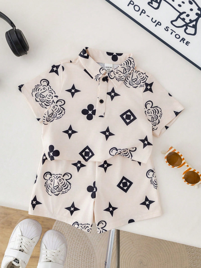 2 peças/Conjunto Esporte Casual Estilo Universitário Fofo e Engraçado Top Polo de Tricô e Shorts de Cintura Elástica para Bebê Menino/Menina, Adequado para Usar em Casa e Ao Ar Livre na Primavera/Verão