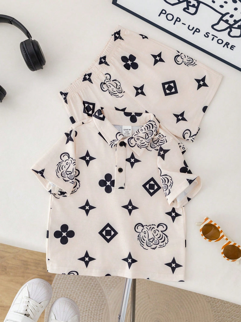 2 peças/Conjunto Esporte Casual Estilo Universitário Fofo e Engraçado Top Polo de Tricô e Shorts de Cintura Elástica para Bebê Menino/Menina, Adequado para Usar em Casa e Ao Ar Livre na Primavera/Verão