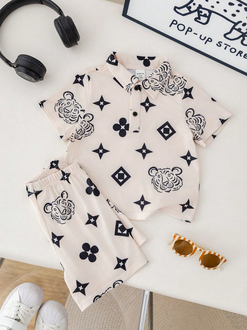 2 peças/Conjunto Esporte Casual Estilo Universitário Fofo e Engraçado Top Polo de Tricô e Shorts de Cintura Elástica para Bebê Menino/Menina, Adequado para Usar em Casa e Ao Ar Livre na Primavera/Verão