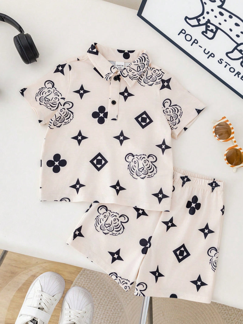 2 peças/Conjunto Esporte Casual Estilo Universitário Fofo e Engraçado Top Polo de Tricô e Shorts de Cintura Elástica para Bebê Menino/Menina, Adequado para Usar em Casa e Ao Ar Livre na Primavera/Verão