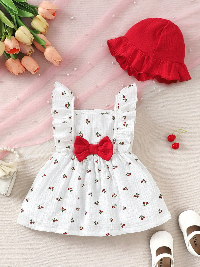 2 peças/Conjunto Vestido Infantil Feminino de Verão com Laço Pregueado Coração e Chapéu Fofo, Conjunto de Vestido Casual de Verão Confortável e Versátil