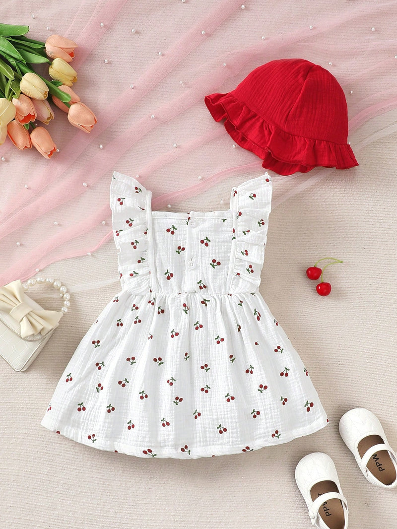 2 peças/Conjunto Vestido Infantil Feminino de Verão com Laço Pregueado Coração e Chapéu Fofo, Conjunto de Vestido Casual de Verão Confortável e Versátil