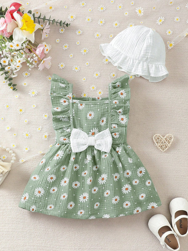 2 peças/Conjunto Vestido Infantil Feminino de Verão com Laço Pregueado Coração e Chapéu Fofo, Conjunto de Vestido Casual de Verão Confortável e Versátil