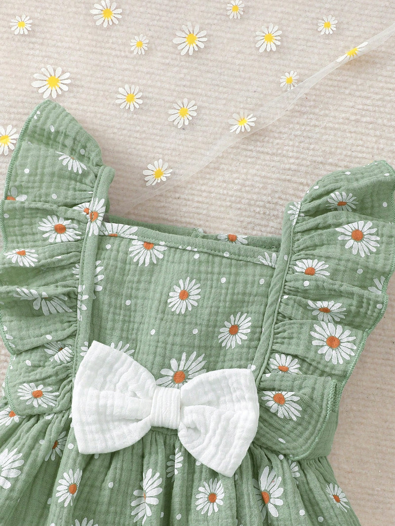 2 peças/Conjunto Vestido Infantil Feminino de Verão com Laço Pregueado Coração e Chapéu Fofo, Conjunto de Vestido Casual de Verão Confortável e Versátil