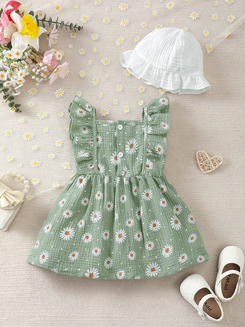 2 peças/Conjunto Vestido Infantil Feminino de Verão com Laço Pregueado Coração e Chapéu Fofo, Conjunto de Vestido Casual de Verão Confortável e Versátil