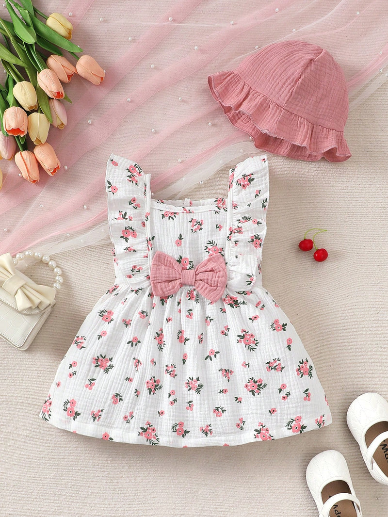2 peças/Conjunto Vestido Infantil Feminino de Verão com Laço Pregueado Coração e Chapéu Fofo, Conjunto de Vestido Casual de Verão Confortável e Versátil