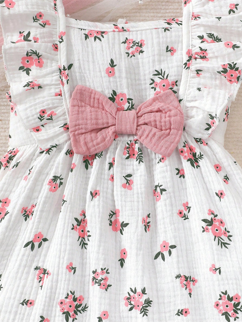2 peças/Conjunto Vestido Infantil Feminino de Verão com Laço Pregueado Coração e Chapéu Fofo, Conjunto de Vestido Casual de Verão Confortável e Versátil