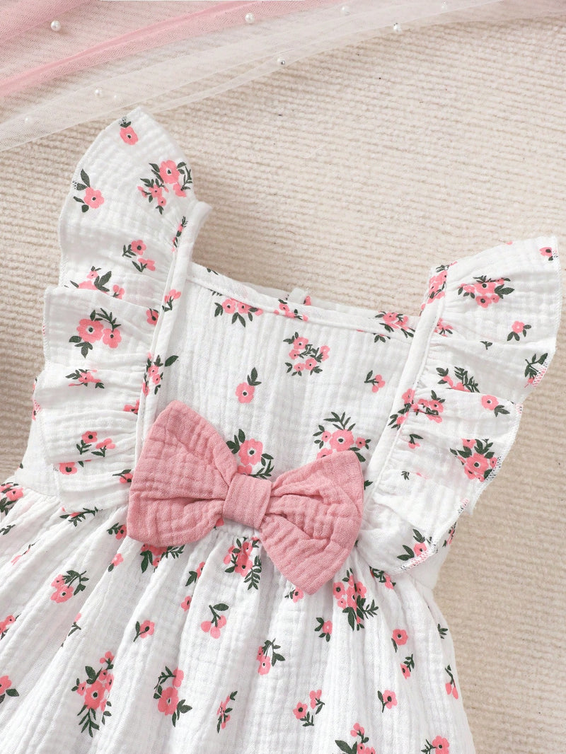 2 peças/Conjunto Vestido Infantil Feminino de Verão com Laço Pregueado Coração e Chapéu Fofo, Conjunto de Vestido Casual de Verão Confortável e Versátil