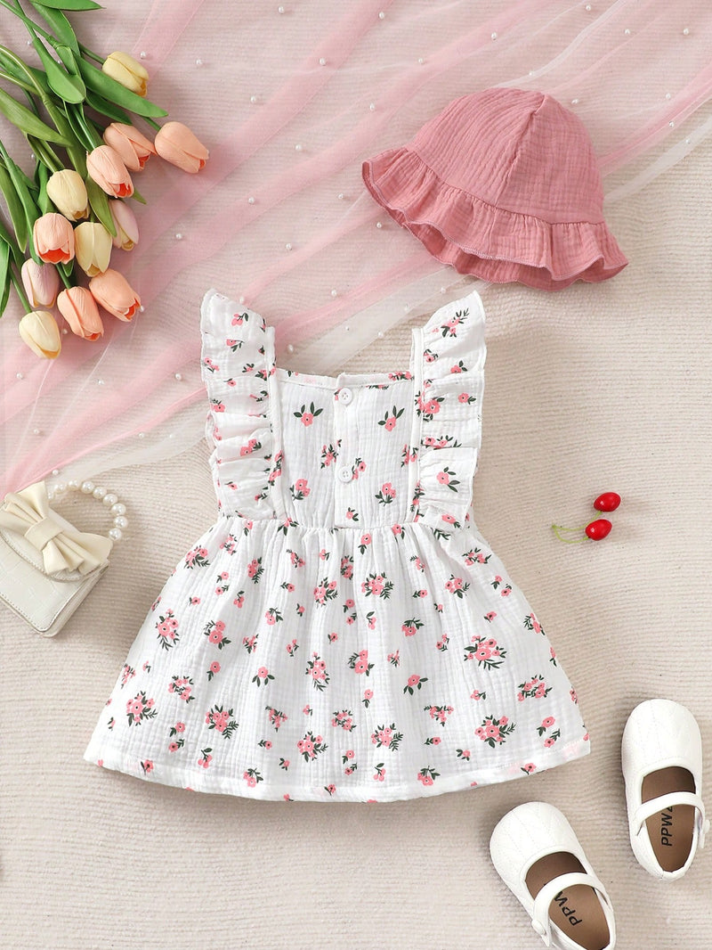 2 peças/Conjunto Vestido Infantil Feminino de Verão com Laço Pregueado Coração e Chapéu Fofo, Conjunto de Vestido Casual de Verão Confortável e Versátil