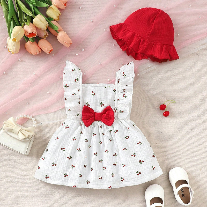 2 peças/Conjunto Vestido Infantil Feminino de Verão com Laço Pregueado Coração e Chapéu Fofo, Conjunto de Vestido Casual de Verão Confortável e Versátil