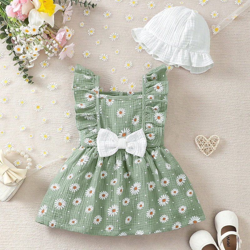 2 peças/Conjunto Vestido Infantil Feminino de Verão com Laço Pregueado Coração e Chapéu Fofo, Conjunto de Vestido Casual de Verão Confortável e Versátil