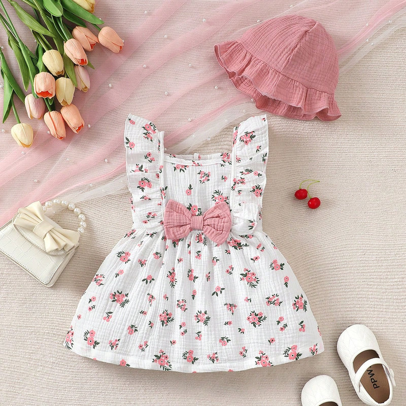 2 peças/Conjunto Vestido Infantil Feminino de Verão com Laço Pregueado Coração e Chapéu Fofo, Conjunto de Vestido Casual de Verão Confortável e Versátil