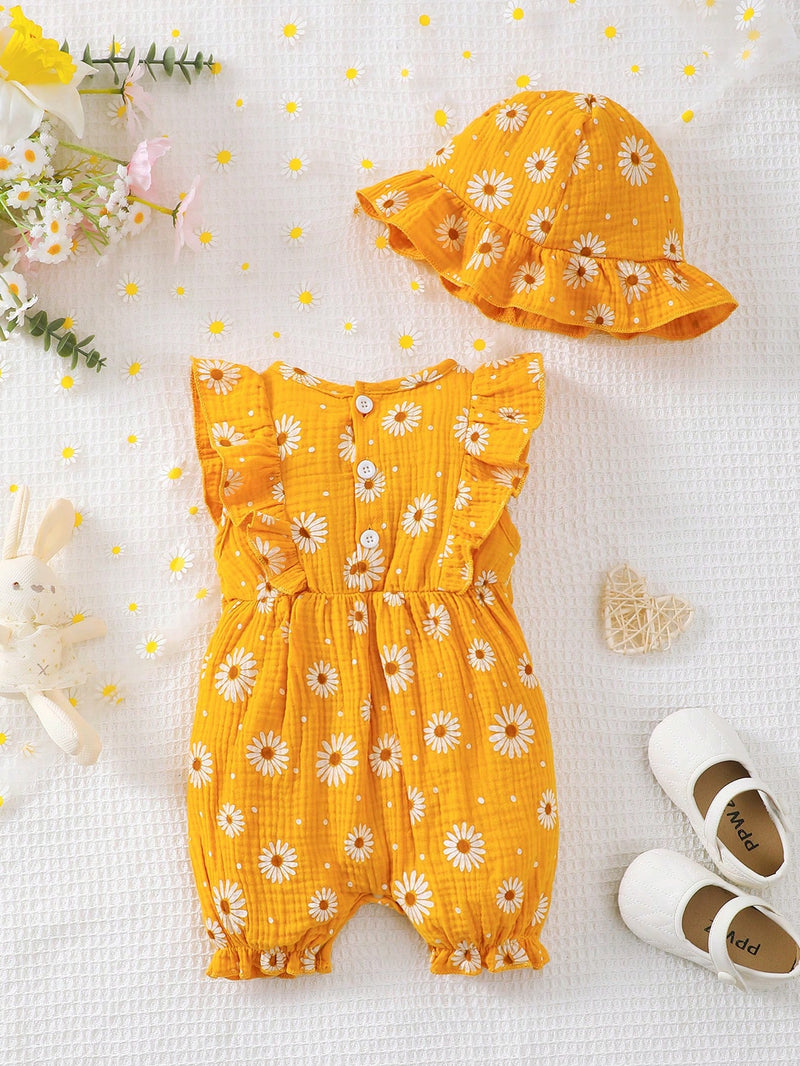 Conjunto de 2 peças para bebê menina, composto por Macaquinho Regata Reverso com Babados e Laço em Formato de Coração + Chapéu, Confortável e Versátil, Primavera/Verão
