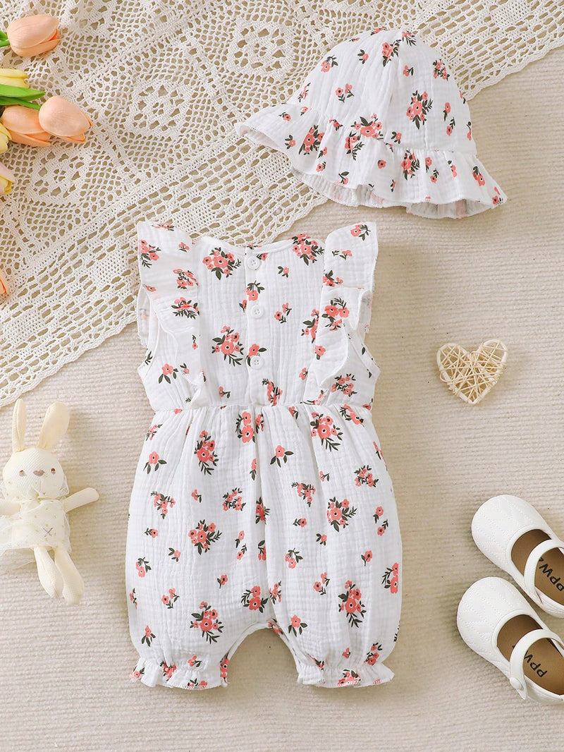Conjunto de 2 peças para bebê menina, composto por Macaquinho Regata Reverso com Babados e Laço em Formato de Coração + Chapéu, Confortável e Versátil, Primavera/Verão