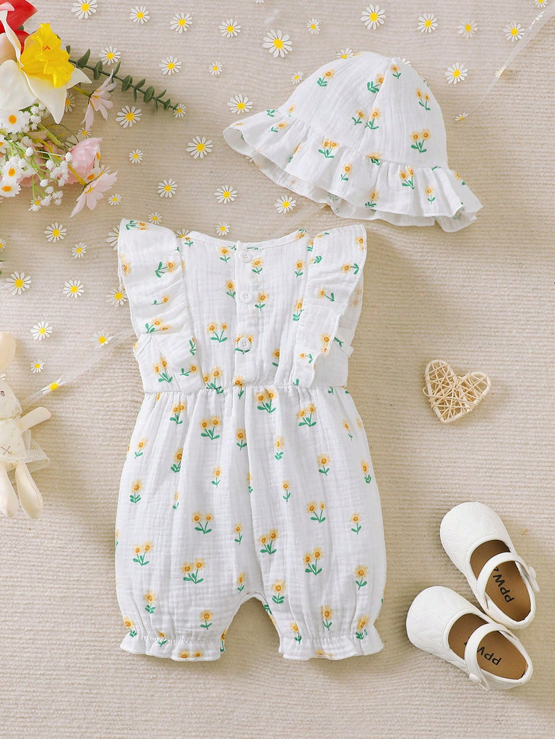 Conjunto de 2 peças para bebê menina, composto por Macaquinho Regata Reverso com Babados e Laço em Formato de Coração + Chapéu, Confortável e Versátil, Primavera/Verão