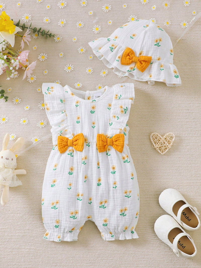 Conjunto de 2 peças para bebê menina, composto por Macaquinho Regata Reverso com Babados e Laço em Formato de Coração + Chapéu, Confortável e Versátil, Primavera/Verão