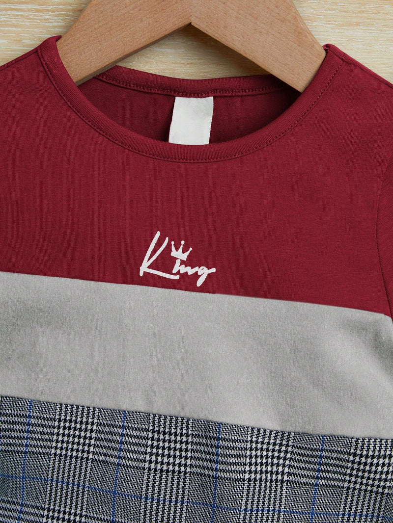 Conjunto de Camiseta e Shorts para Bebê Menino com Bloco de Cor de Xadrez e Gráfico de Letra, para o Natal