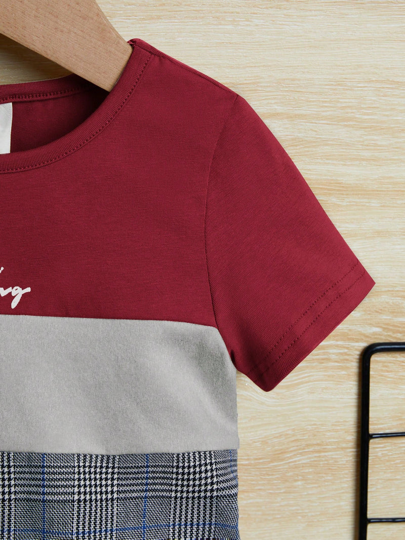 Conjunto de Camiseta e Shorts para Bebê Menino com Bloco de Cor de Xadrez e Gráfico de Letra, para o Natal