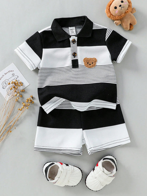 Souflis Souflis Conjunto de Bebê Menino Infantil Casual e Adorável com Camisa Polo de Manga Curta Listrada e Shorts, com Bordado de Urso, Adequado para o Verão