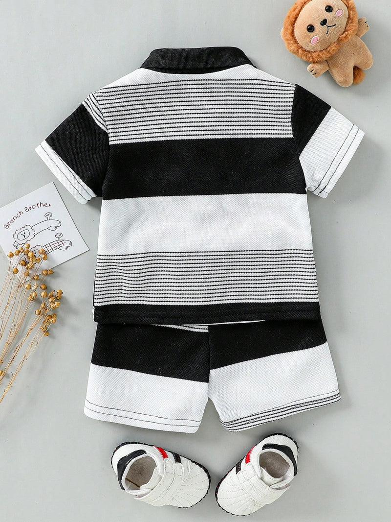 Souflis Souflis Conjunto de Bebê Menino Infantil Casual e Adorável com Camisa Polo de Manga Curta Listrada e Shorts, com Bordado de Urso, Adequado para o Verão