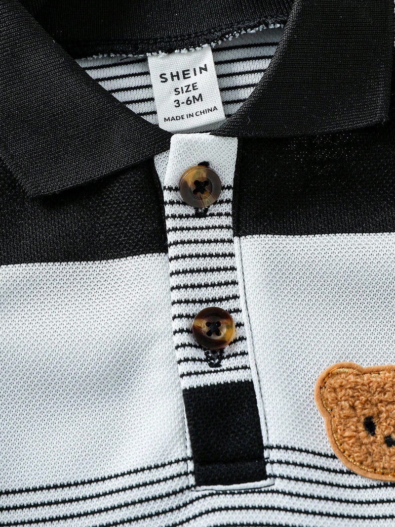 Souflis Souflis Conjunto de Bebê Menino Infantil Casual e Adorável com Camisa Polo de Manga Curta Listrada e Shorts, com Bordado de Urso, Adequado para o Verão