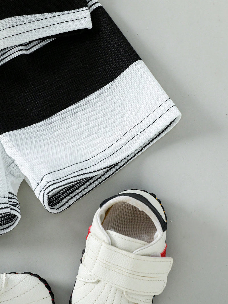 Souflis Souflis Conjunto de Bebê Menino Infantil Casual e Adorável com Camisa Polo de Manga Curta Listrada e Shorts, com Bordado de Urso, Adequado para o Verão