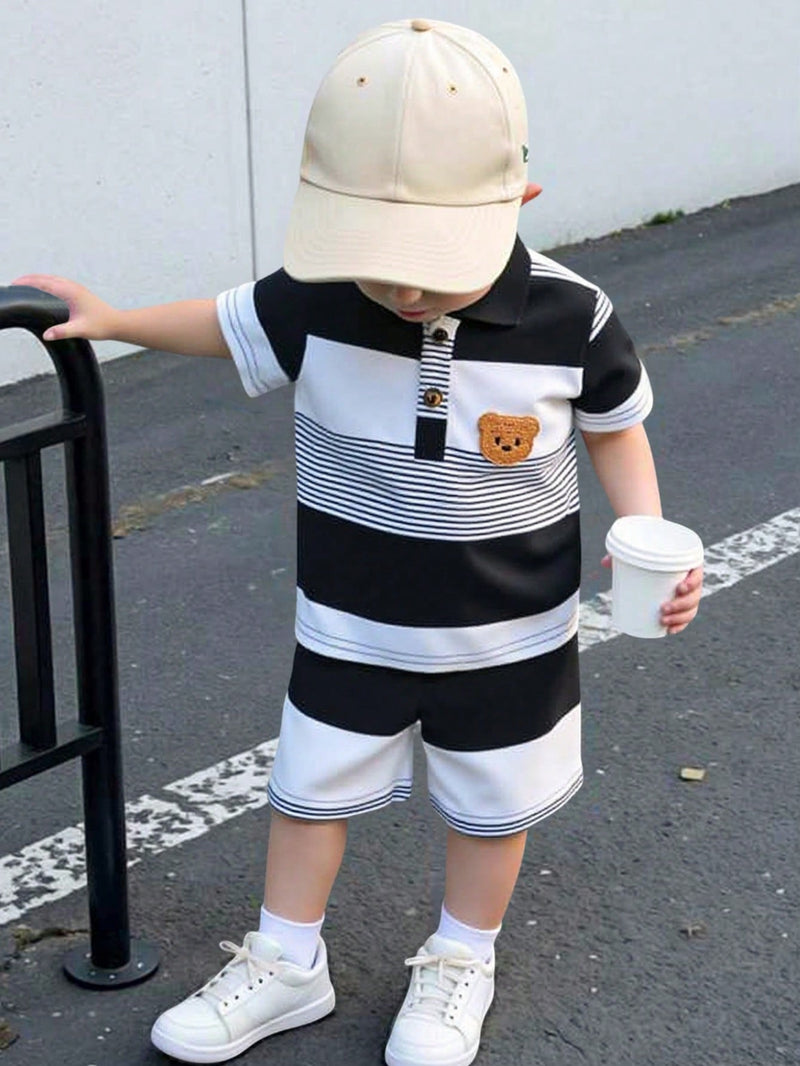 Souflis Souflis Conjunto de Bebê Menino Infantil Casual e Adorável com Camisa Polo de Manga Curta Listrada e Shorts, com Bordado de Urso, Adequado para o Verão