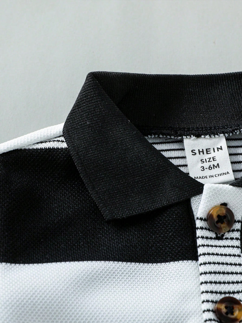 Souflis Souflis Conjunto de Bebê Menino Infantil Casual e Adorável com Camisa Polo de Manga Curta Listrada e Shorts, com Bordado de Urso, Adequado para o Verão