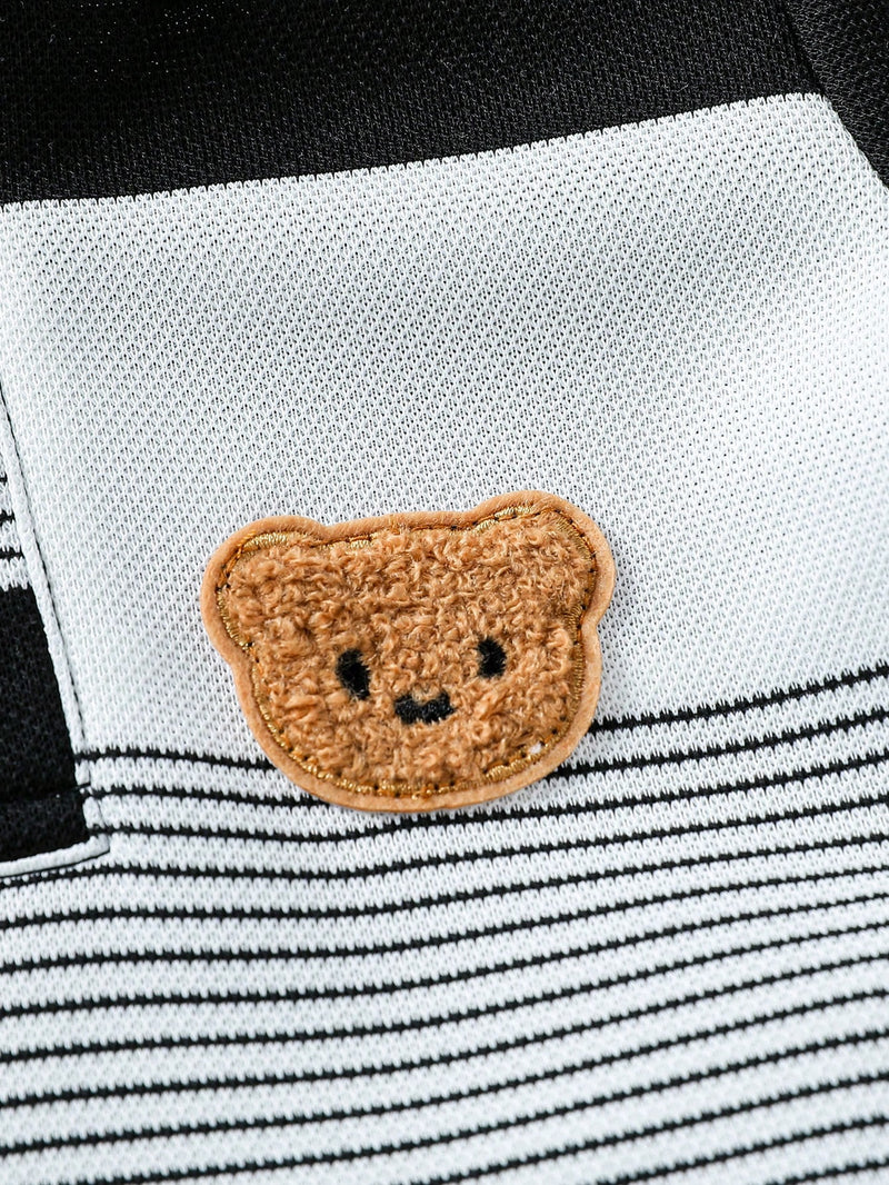 Souflis Souflis Conjunto de Bebê Menino Infantil Casual e Adorável com Camisa Polo de Manga Curta Listrada e Shorts, com Bordado de Urso, Adequado para o Verão