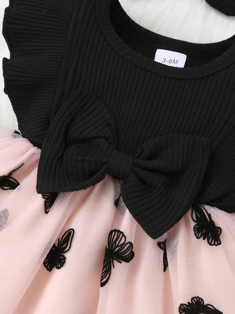 2 Peças/Conjunto Vestido de Princesa de Tule Bordado com Babado, Decoração de Laço, Macio e Confortável, Para Menina Bebê, com Conjunto de Tiara