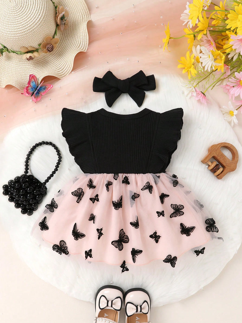 2 Peças/Conjunto Vestido de Princesa de Tule Bordado com Babado, Decoração de Laço, Macio e Confortável, Para Menina Bebê, com Conjunto de Tiara